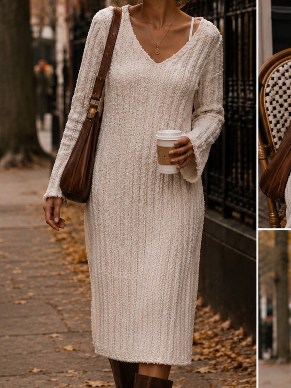 H&M cozy teddy soft knit V-Neck bouclé midi Sweater Dress Cream Belle sleeve M - Picture 10 of 11